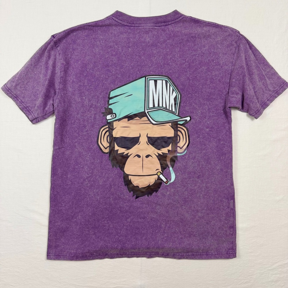 HOO Fashion Shirt Mens Medium Purple Acid Wash MNK Monkey Graphic Streetwear Tee